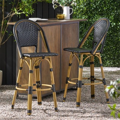 SKRAN 29.5" Outdoor PE Rattan and Aluminum French Barstools, Set of 2, Bamboo Finish  for Garden, Patio, Outdoor