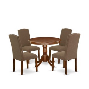 HomeStock 5-Piece Round Mahogany Finish Solid Wood Top Dining Table with 4 Parson Chair - 1 of 4