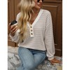 Women's V - Neck Button - Front Striped Waffle Knit Top, Color - Block Long - Sleeve Casual Shirt with Hollow - Out Texture - 4 of 4