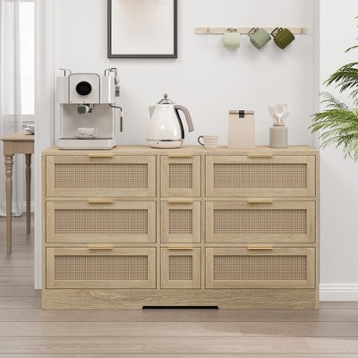 51" Rattan Dresser for Bedroom, 9 Drawer Dresser with Metal Handles, Wooden Chest of Drawers, Closet Dresser for Bedroom Living Room Hallway