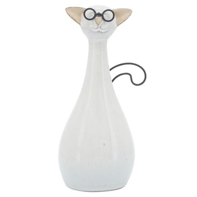 Sagebrook Home 7" Cat with Glasses Sculpture - Contemporary Ceramic White Cat Statue with Black and Beige Accents for Home or Office Decor - Cat