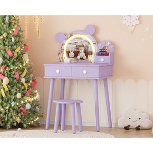 Kids Vanity Set with Lights, Bear-Shaped Make Up Vanity Desk with Mirror&Stool, Wooden Princess Toddler Make Up Table Set for Little Girls - 1 of 4