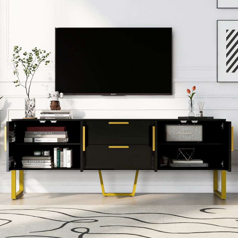 Modern Wood TV Stand for TVs up to 75" with Gold Metal Legs, Handles and Drawers - ModernLuxe, 2 of 11