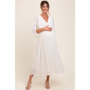 PinkBlush Cream Pleated V Neck Maternity Maxi Dress - 1 of 4