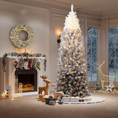 6FT Black Gradient Pencil Christmas Tree – Prelit with 100 Dual Color LEDs, Snow Flocked, 320 Branch Tips, Metal Stand