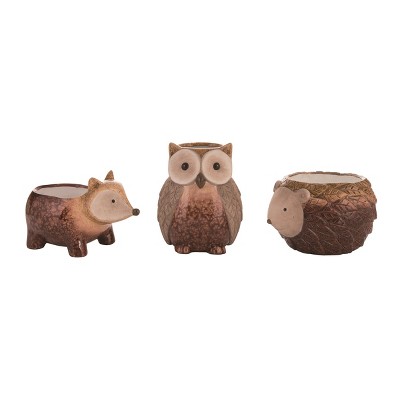 Transpac Set of 3 Ceramic Hedgehog Owl Fox Planters Fall Harvest Brown Tabletop Decor Indoor Gift for Home