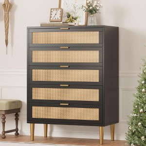 Rattan 5 Drawer Dresser, 44'' Tall Narrow Chest, Farmhouse Wood Dresser with Metal Legs, Bedroom Cabinet, Oak - 1 of 4