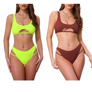 INSPIRE CHIC Women's Ribbed Scoop Neck Top Triangle Bottom Swimwear Bikini Suits 2 Sets - 1 of 4