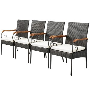 Tangkula Set of 4 PE Wicker Acacia Wood Chairs Armrests w/ Soft Zippered Cushion Garden Patio - 1 of 4