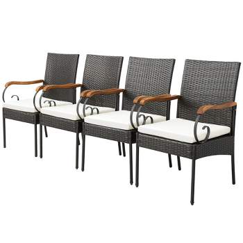 Tangkula Set of 4 PE Wicker Acacia Wood Chairs Armrests w/ Soft Zippered Cushion Garden Patio