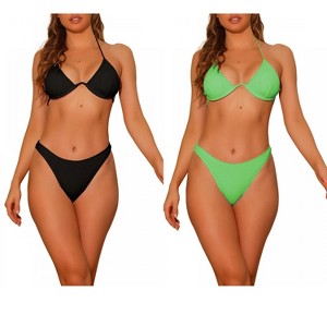 Elerevyo Women's Halter Underwire Ribbed Bikini Sets, 2 Piece Double Straps Tie Back Triangle Bottoms Swimwear Bathing Suits 2 Sets - 1 of 4