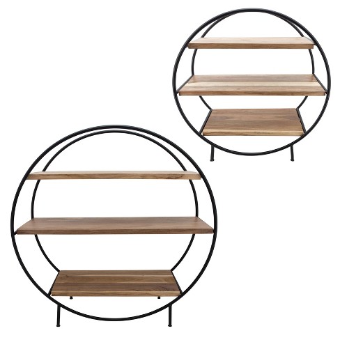 2pc 48 Wood Metal Round 3 Shelved, Round Metal Bookcase
