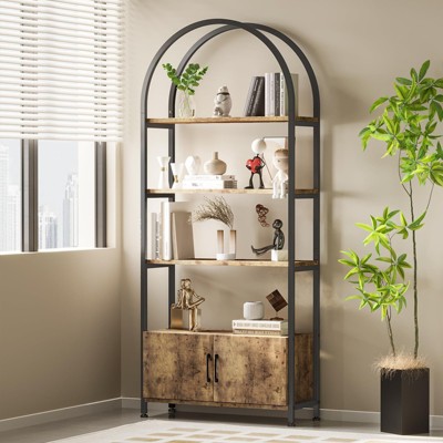 Arched Bookshelf, Bookcase with Doors Storage, 71.5 Inches Tall Industrial Book Shelf