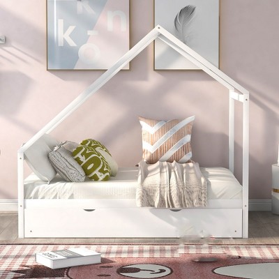 Twin Size Wooden House Bed, Tent-shaped Floor Bed, Fun Playhouse Bed Frames, House Bed Frame With Roof, For Kids Girls & Boys