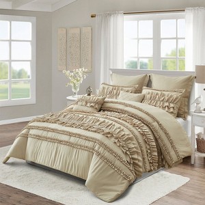 FIONECA Handcrafted Ruffled Ruching Bedding Set Elegant Romantic Farmhouse Neutral Tone - 1 of 4
