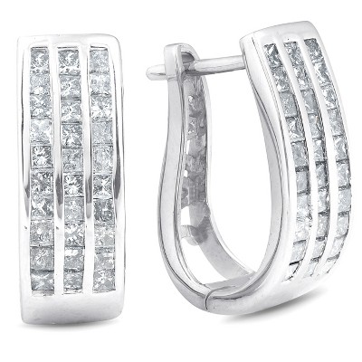 Pompeii3 1 1/2 cttw Princess Cut Diamond Three Row Hoops 10K White Gold 3/4" Tall