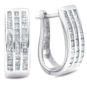 Pompeii3 1 1/2 cttw Princess Cut Diamond Three Row Hoops 10K White Gold 3/4" Tall - 1 of 4