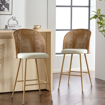 29" Modern Rattan Linen Upholstered Bar Stool Set of 2,Double Layer Rattan Curved Back Cane Bar Stool,Kitchen Island Stool-Cuddlewood