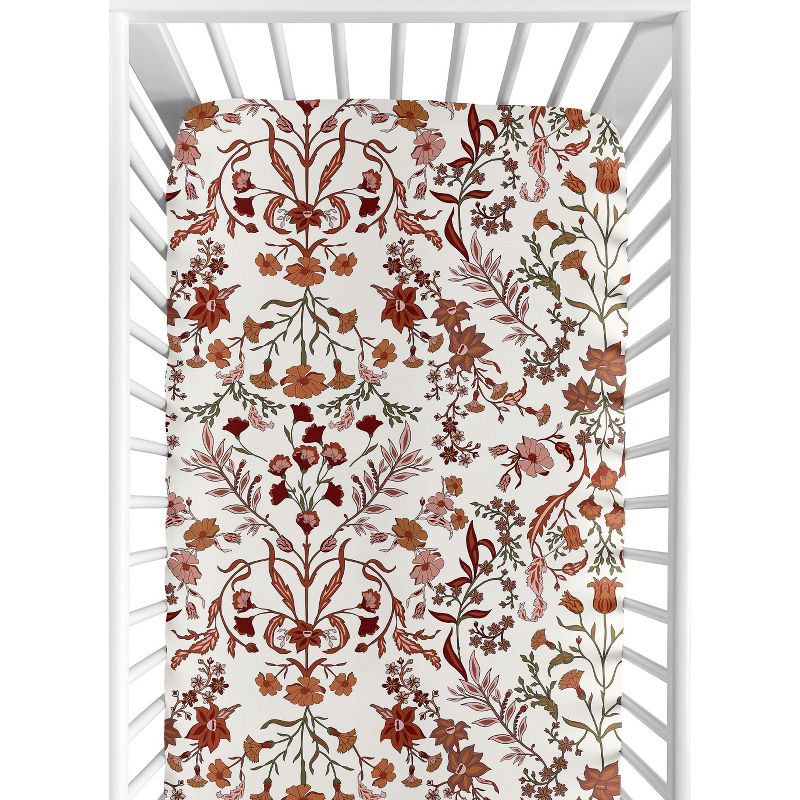Sweet Jojo Designs Girl Baby Fitted Crib Sheet Boho Floral Wildflower Rust Orange Ivory Off White, 1 of 8