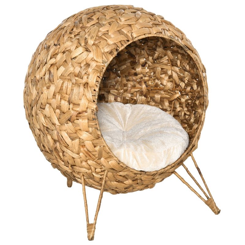 PawHut 20.5" Rattan Cat Bed, Elevated Wicker Kitten House Round Condo with Cushion, 1 of 7
