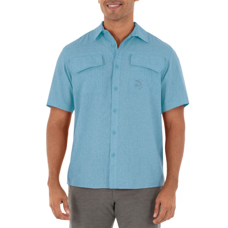 Guy Harvey Men's Short Sleeve Heather Textured Cationic Blue Fishing Shirt, 1 of 5