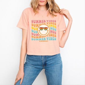 Simply Sage Market S.W.Smiley Summer Vibes Stacked Smiley Boxy Crop Top - L - Peachy - 1 of 4
