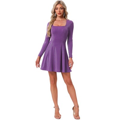 INSPIRE CHIC Women's Sparkly Square Neck Long Sleeve Cocktail Club A-Line Evening Party Dress