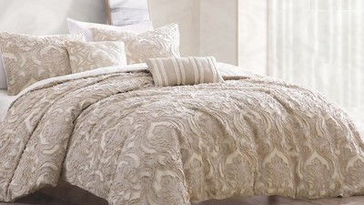 Tan King Cotton Jacquard Comforter Set with Pillows