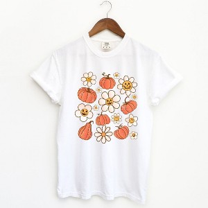 Simply Sage Market Women's Distressed Flowers And Pumpkins Short Sleeve Garment Dyed Tee - 1 of 4