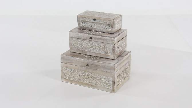 Set of 3 Natural Mango Wood Whitewashed Carved Design Boxes with Lid - Olivia &#38; May, 2 of 9, play video