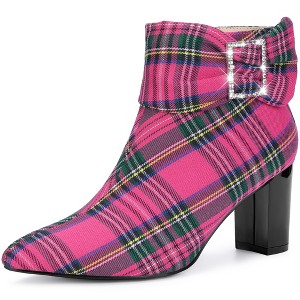 Perphy Women's Plaid Pointy Toe Rhinestone Bow Zipper Chunky Heels Ankle Boots - 1 of 3
