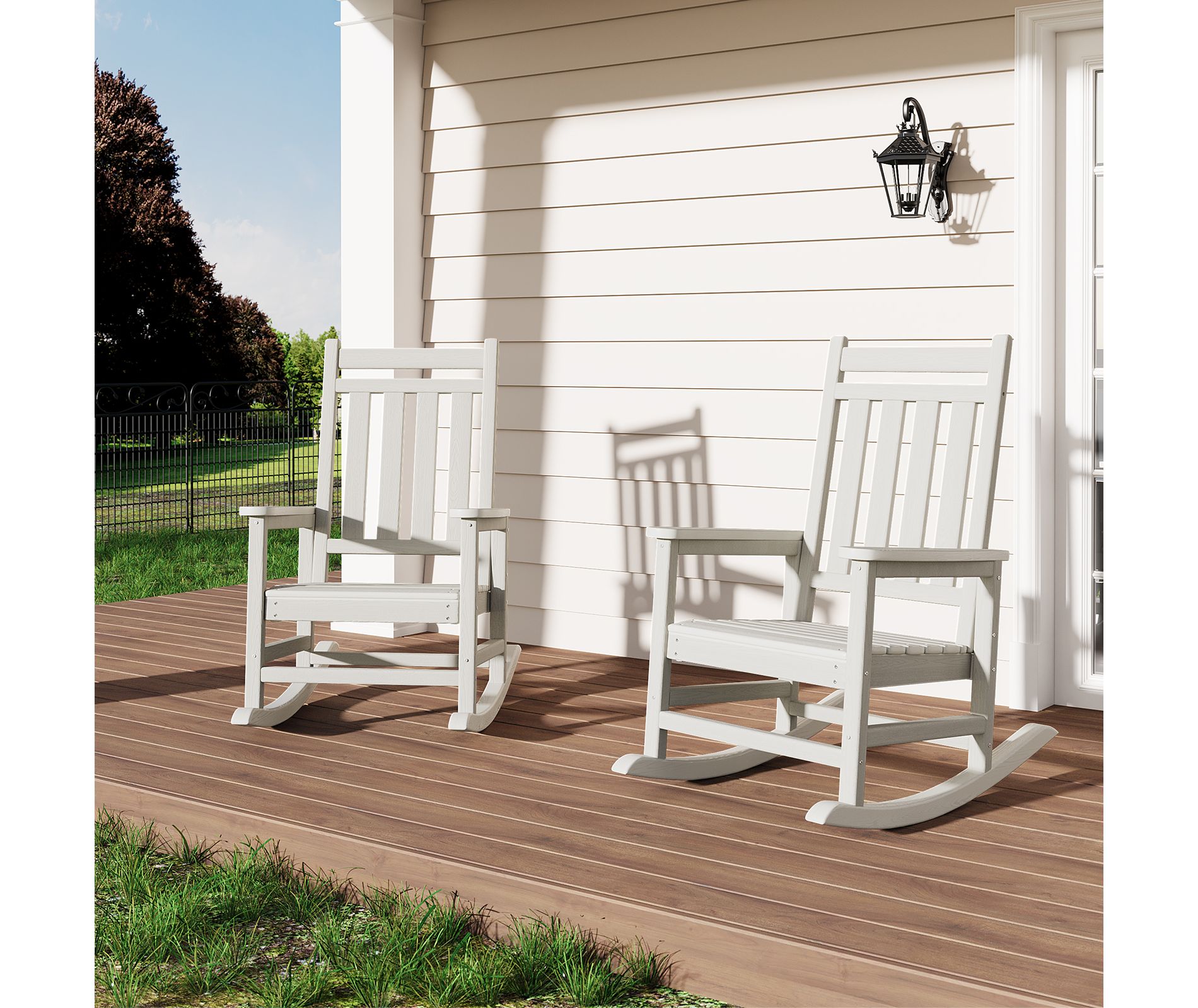 Outdoor rocking chair set of 2, HDPE all-weather oversized rocking chair, adult high-back porch rocking chair,suitable for multiple scenarios, white