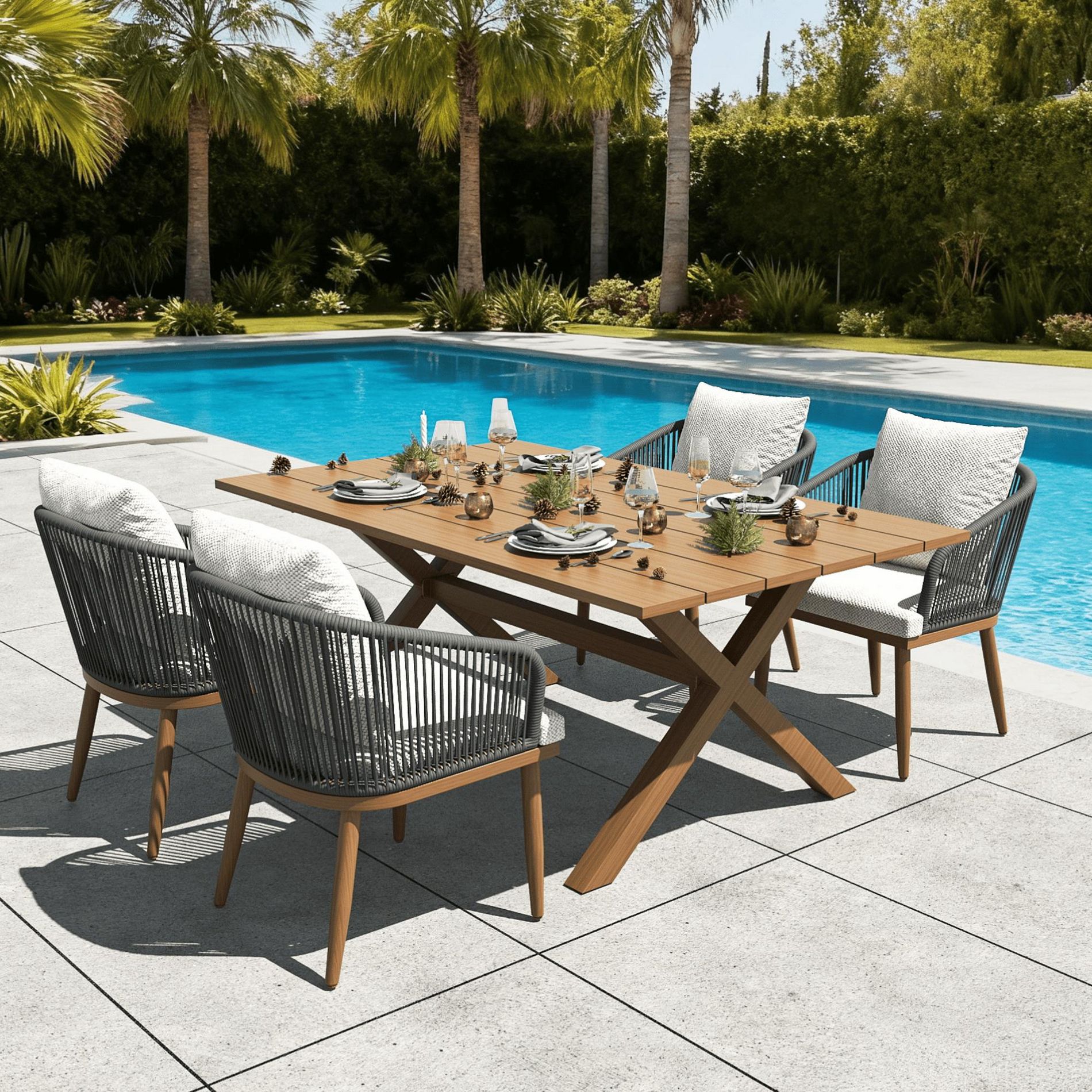 LayinSun 5 Pieces Outdoor Patio Dining Set with Aluminium Rectangular Dining Table and Wicker Rattan Chairs Set