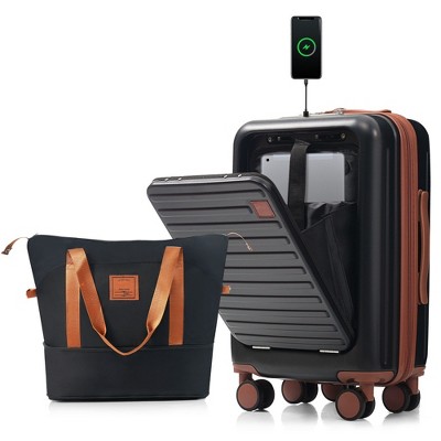 YONWAY 2 Piece Carry on Luggage Set,Front Opening 20-inch Carry-on Luggage and Expandable Travel Bag, With USB Port, Cup Holder, Back to School Use