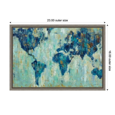 Impressionist Blue and Gold World Map Canvas Print with Gray Frame