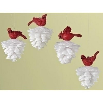 Roman 20ct White Gilittered Pine Cone and Cardinal Christmas Ornament Set 3.25" - White/Red