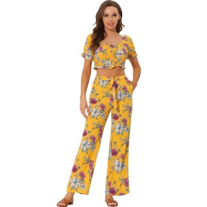 Allegra K Women's Beach Outfit Ruffle Smocked Crop Tops and Tie Waist Floral Pants Set - 1 of 4