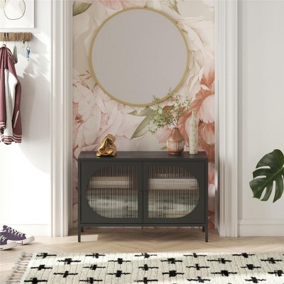 INFURNIC Decorative Storage Cabinets Wide 2-Door Accent Cabinet with Fluted Glass Oval Doors Stylish Versatile Storage, Black, 39.37"*15.75"*25.2"
