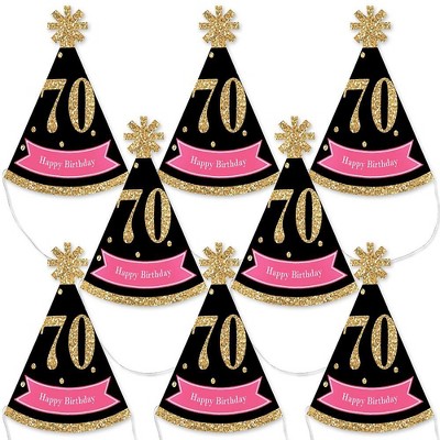 Big Dot of Happiness Chic 70th Birthday - Pink, Black and Gold - Mini Cone Birthday Party Hats - Small Little Party Hats - Set of 8