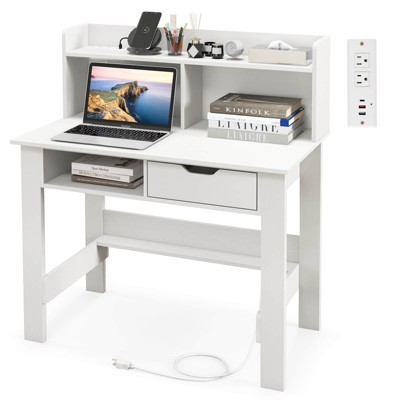 Costway Computer Desk with Power Outlets and USB Ports & Type-C Hutch Open Shelf Drawer Black/White