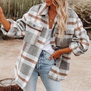 Women's Plaid Flannel Shirt Jacket, Button-Front Fleece Shacket with Chest Pockets - 1 of 4
