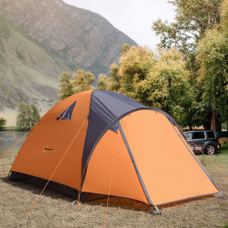 Outsunny 3-4 Person Camping Tent, Lightweight Outdoor Tent Waterproof Windproof w/ Carrying Bag, 3 Doors, Easy Setup for Backpacking Hiking, Orange, 3 of 7