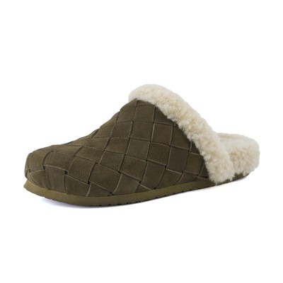CUSHIONAIRE Cliché Genuine Suede Woven Mule Slippers for Women Indoor and Outdoor - Slip On Faux Fur Lining Women Footwear for Comfort