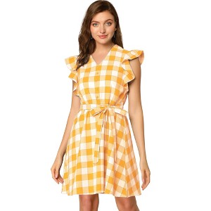 Allegra K Women's Casual Ruffled Sleeve A-Line Vintage Gingham Check Dress - 1 of 4