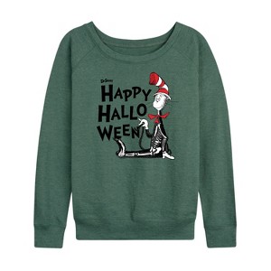 Women's - Dr. Seuss - Happy Halloween Skeleton Cat Lightweight French Terry Wide Neck Long Sleeve Shirt - 1 of 4