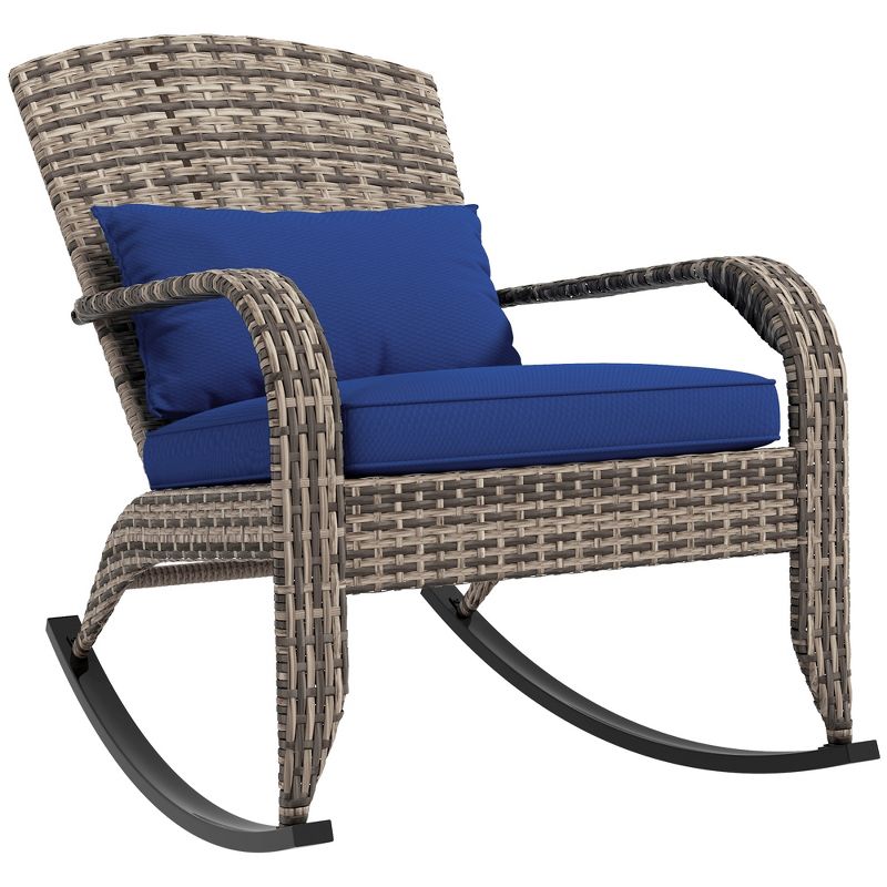 Outsunny Outdoor Wicker Adirondack Rocking Chair, Patio Rattan Rocker Chair with High Back, Seat Cushion and Pillow for Porch, Balcony, 1 of 7