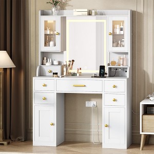 Makeup Vanity Desk with Mirror and Lights, White Vanity with Charging Station, 2 RGB Cabinets - 1 of 4