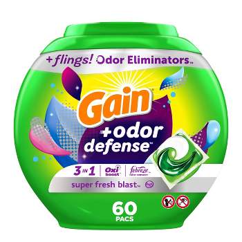 Gain Flings HE Compatible Super Fresh 3-in-1 with Febreze and Oxi Odor Defense Liquid Laundry Detergent Pacs