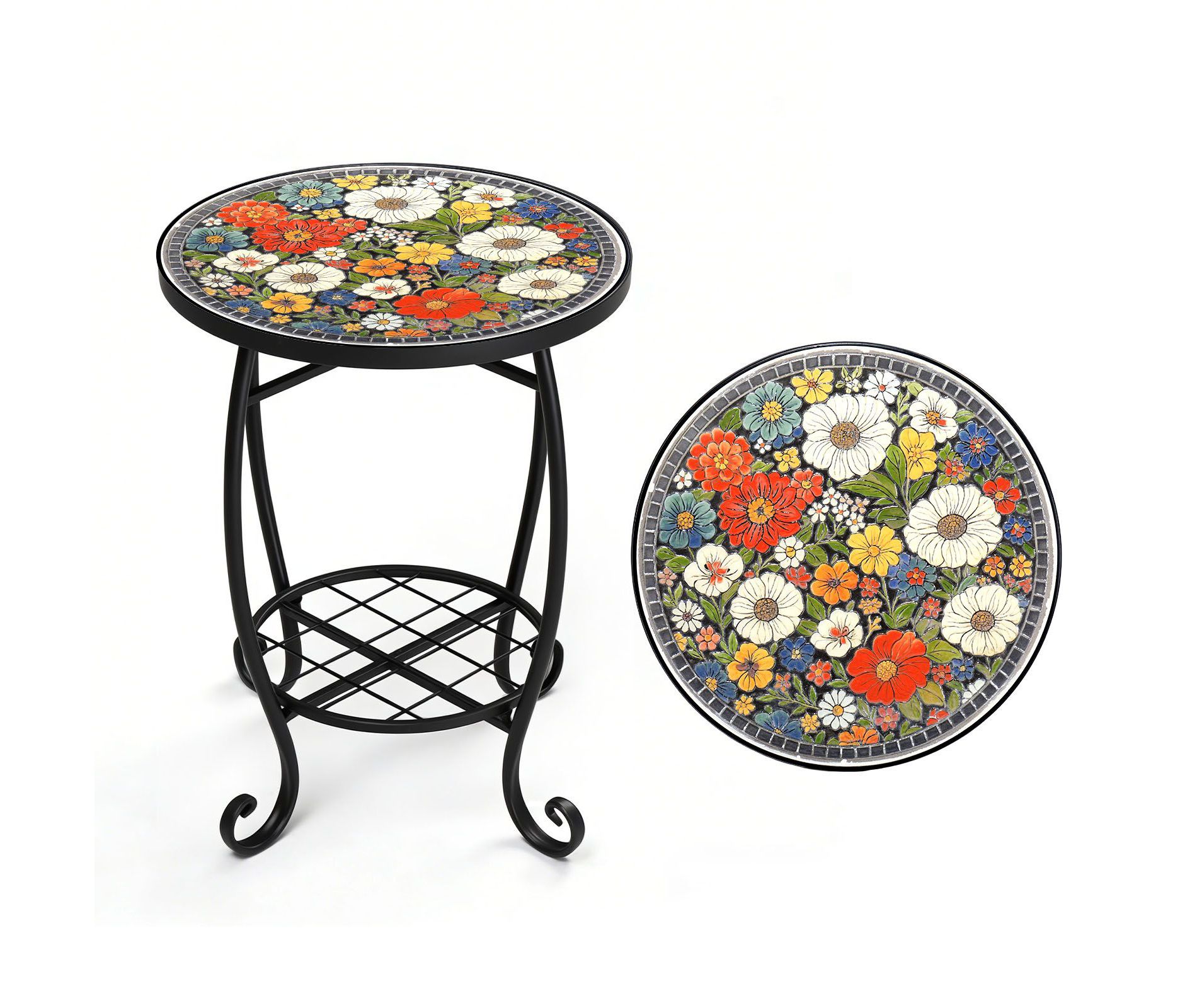 Karl Home | Vibrant Floral Mosaic Side Table with Double-Layer Design