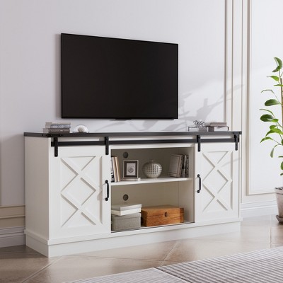 Vynxaria Farmhouse TV Stand with Storage, 58" Entertainment Center, Wooden Media Console with Sliding Barn Door